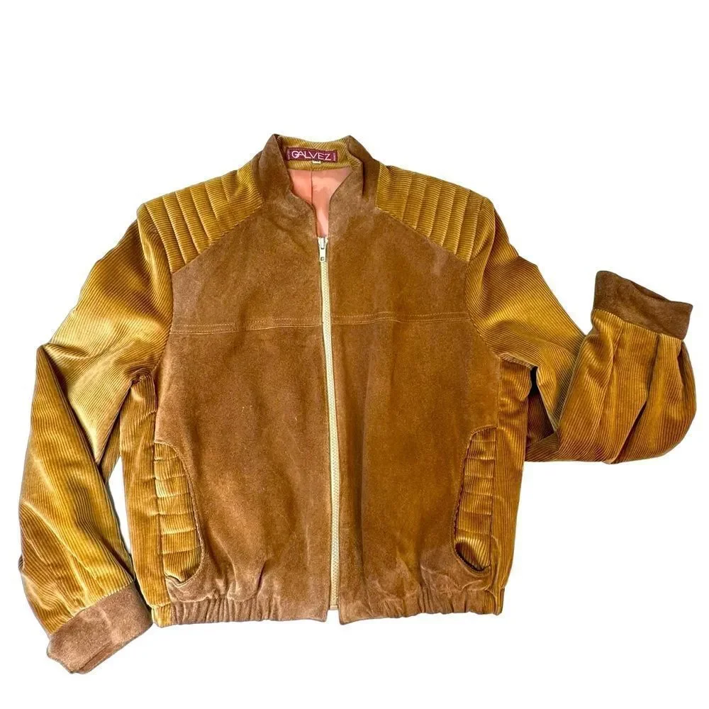 GALVEZ Vintage Copper Brown Suede & Corduroy Zip Front Jacket Size 13/14